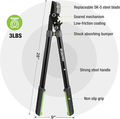 WORKPRO 28" Anvil Lopper, Heavy Duty Tree Trimmer with 1.6" Cutting Capacity, Ergonomic Non-Slip Handles