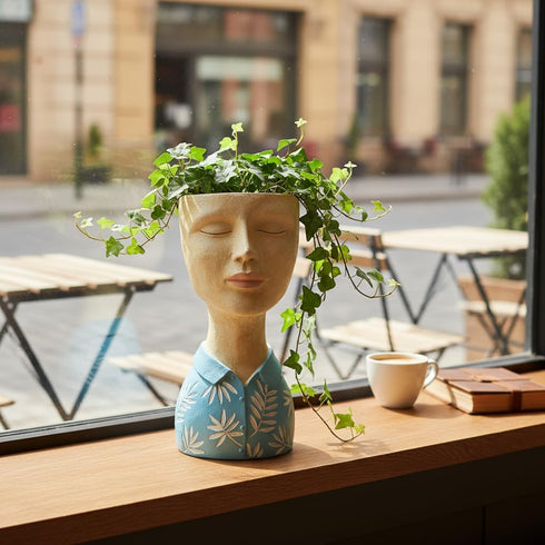 5x6x10.5 Inch DiliComing Face Planter Pot Head Planter - Resin Blue Boy Head Planters for Indoor Outdoor Plants