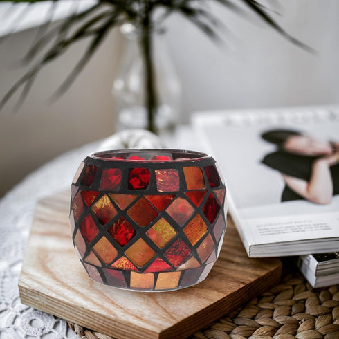 Uonlytech Glass Votive Candle Holder, Red Mosaic Tea Light Holders for Home, Vintage Glass Cup Ornament