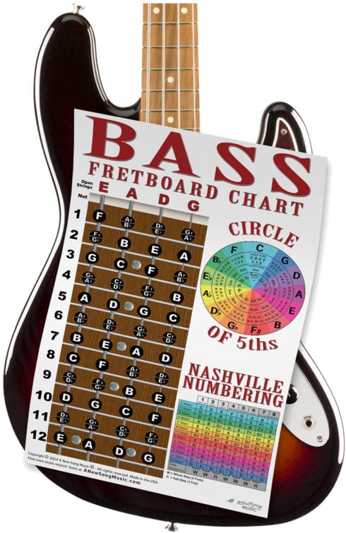 4 String Bass Instructional Chart - Fretboard Notes Poster, Nashville Numbering System, 11"x17"