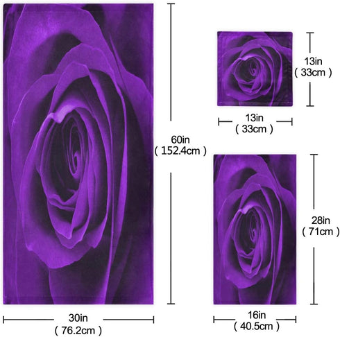 Set 3-Piece Set Blueangle Bathroom Decorative Towel with Purple Rose Pattern, with Bath Towel, Hand Towel & Washcloth