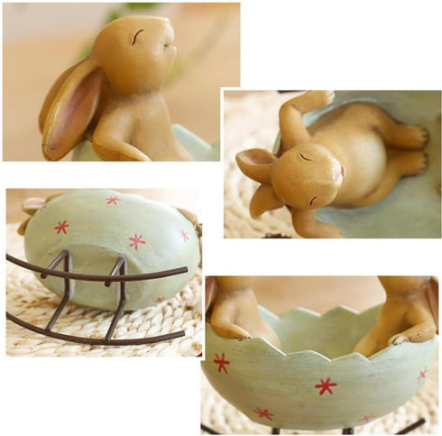 Vintage Rustic Country Bunnies Rabbit Figurine Statue, Laughing Bunny Rabbits Rocking in an Easter Egg Cradle