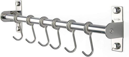 Sliding Hooks, Wall Mounted Rail, Stainless Steel Utensil Holder and Pot Lid Rack for Kitchen Tools, 6 Hooks