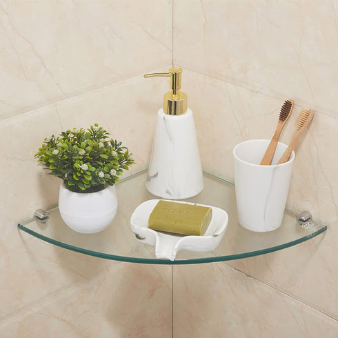 3 Pack Kingrol Glass Bathroom Shower Shelves, Extra Thick Wall Mounted Shelves, Clear Floating Corner Shelves