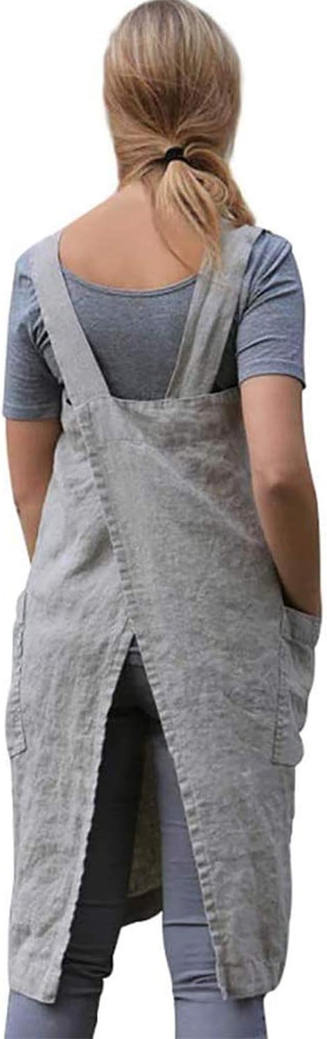 VLZUFE Cotton Linen Apron for Women, Cross Back Pinafore Dress for Baking, Cooking, Gardening Work