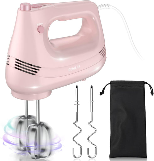 Electric Hand Mixer with Stainless Steel Whisk and Dough Hook - Handheld Mixer for Baking Cakes, PINK