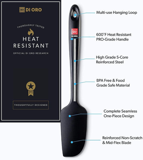 DI ORO Seamless Series Mini Silicone Spatula - BPA Free, Pro-Grade, 600ºF Heat-Resistant, Black