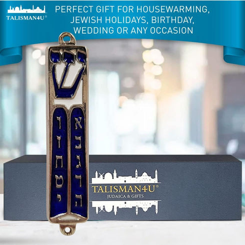 TALISMAN4U Ten Commandments Mezuzah with Scroll, Silver Tone Blue Enamel Israel Door Mezuza, 3.5 Inch