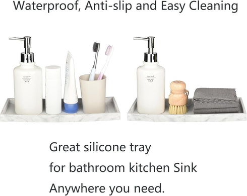 DNC 2PC 7.9" Silicone Bathroom Tray for Countertop, Kitchen Sink Soap Holder and Toilet Tank Desk Organizer (Marble