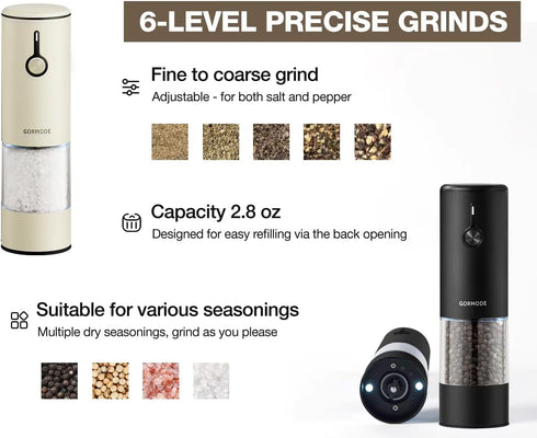 Set, 6 2packBlack+Cream Stainless Steel Rechargeable Electric Salt and Pepper Grinder USB Charging with Dust Cover