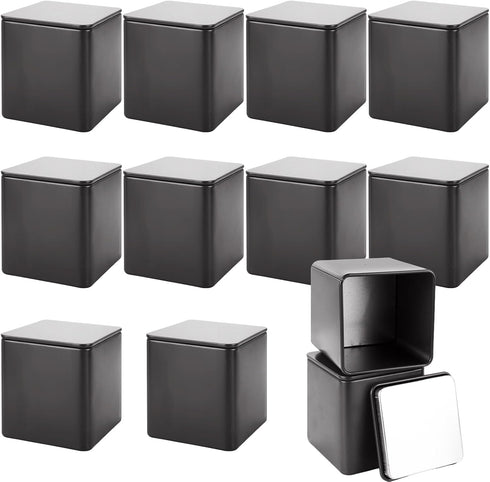 WOPPLXY 12 Pack Minimalist Black Square Metal Tea Tins, 3 Oz Loose