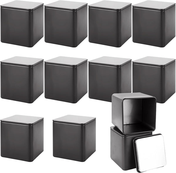 WOPPLXY 12 Pack Minimalist Black Square Metal Tea Tins, 3 Oz Loose