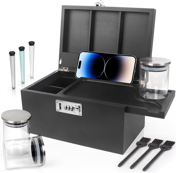 Large Black Bamboo Box with Combination Lock, Decorative Storage Box with Detachable Compartment and Jars