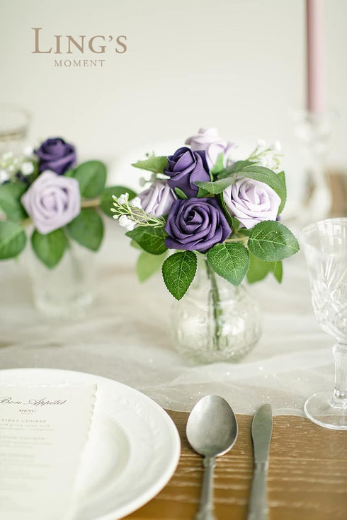 Ling's moment Artificial Wedding Flowers - 25pcs 1.5" Rose Buds and 2" Petite Roses in Lilac & Purple for DIY