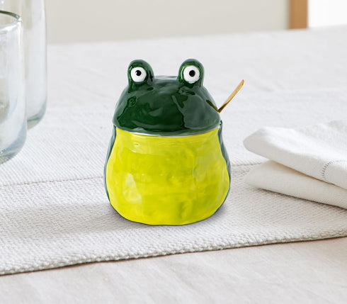 dgudgu Countertop Countertop Frog Salt Cellar With Lid And Spoon Ceramic Salt Container Green Salt Box Cute Salt