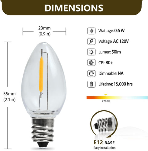 3 C7 Bulbs 3 Bulb Base String Christmas Village Light Accessory Cord with LED Light Universal Clip White Cord
