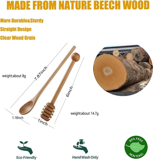 DROENTIL 4 6 Inch 4 7.87 Inch PCS Honey Dipper Sticks and PCS Coffee Stirring Spoons, Beech Wooden Honey Spoon Stirrer