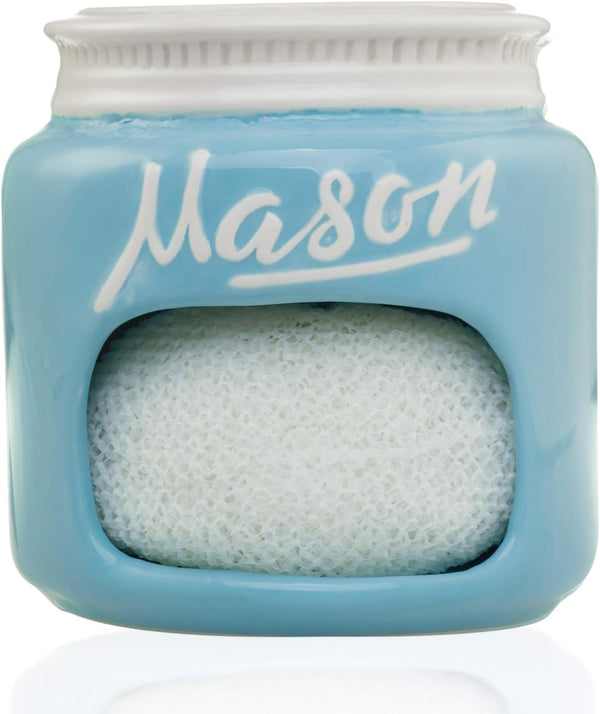 Blue Mason Jars Ceramic Sponge Holder, Kitchen Sink Organizer, Farmhouse Decor for Soap Dish & Scrubber