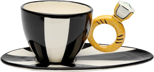 Black and White Cup and Saucer Featuring Ring Holder, 3-1/4-Inch, 8-1/8-Inch Long