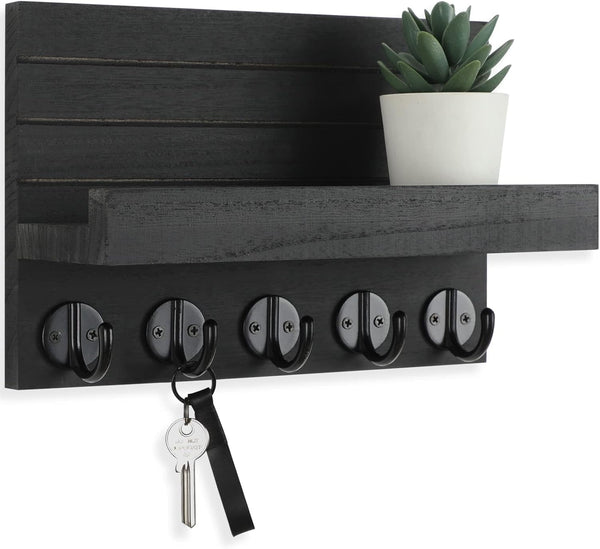 Key Holder for Wall, Decorative Key and Mail Holder with Shelf, Large Hooks for Bags, Coats, Umbrella – Paulownia Wood