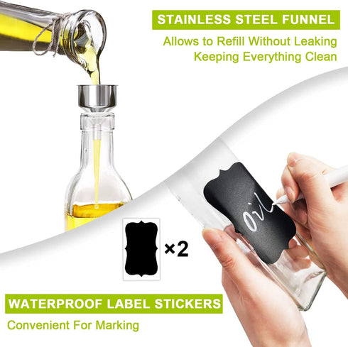 17oz/500ml 2 2 1 1 Showvigor Olive Oil Dispenser, Square Tall Glass Container With Stainless Steel Pourers, Labels