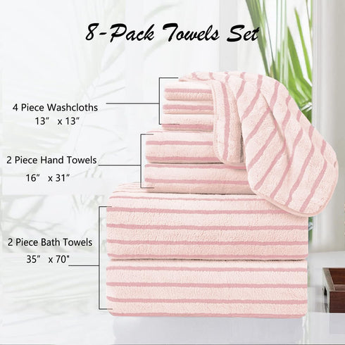8 Set Sheet-2 Towels,2 Towels,4 Oliven Pcs Pink Cabana Stripe Large Bath Towels Oversized Bath Bathroom Hand Washcloths