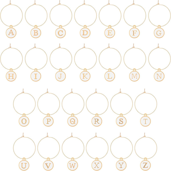 26 Pcs Wine Glass Charms Letters, Glass Charm Markers with Rings Tags for Wine Glasses Identifier, Wine Champagne Party