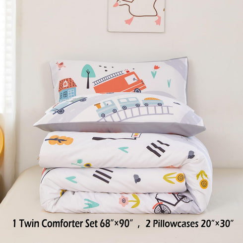 Sets 3-Piece Sets 2 ZRNBAST Twin Size Comforter for Boys Cartoon Cars Kids Bedding Soft and Lightweight White