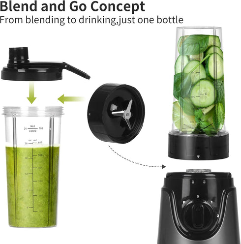 La Reveuse Personal Size Smoothies Blender 300 Watts with 24 oz BPA-Free Portable Travel Sports Bottle (Grey) by La Reveuse