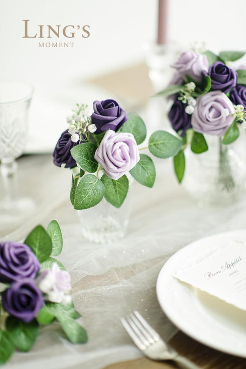 Ling's moment Artificial Wedding Flowers - 25pcs 1.5" Rose Buds and 2" Petite Roses in Lilac & Purple for DIY