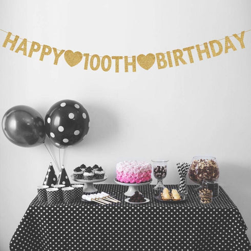Gold Happy 100th Birthday Banner, Glitter Decorations for 100 Years Old Woman or Man Party Supplies