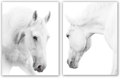HPNIUB White Horse Wall Art Print Set of 2 (12”X16”, Unframed, Black White Canvas Artwork for Bedroom Decoration)