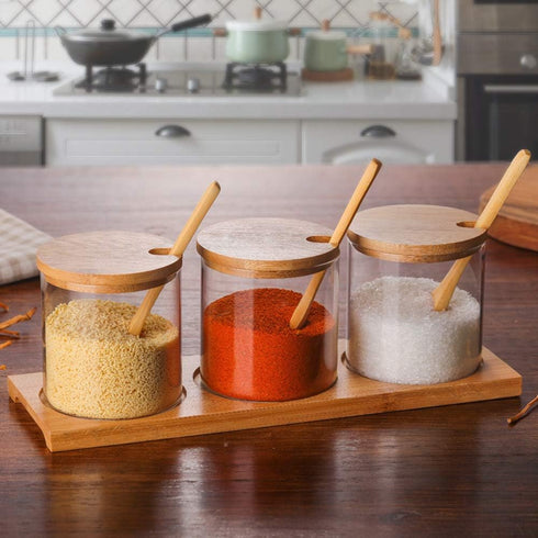 Set 3 Set Lawei of Condiment Jar with Lids and Spoons - Glass Sugar Bowls Sugar Salt Container for Sugar Serving Spice