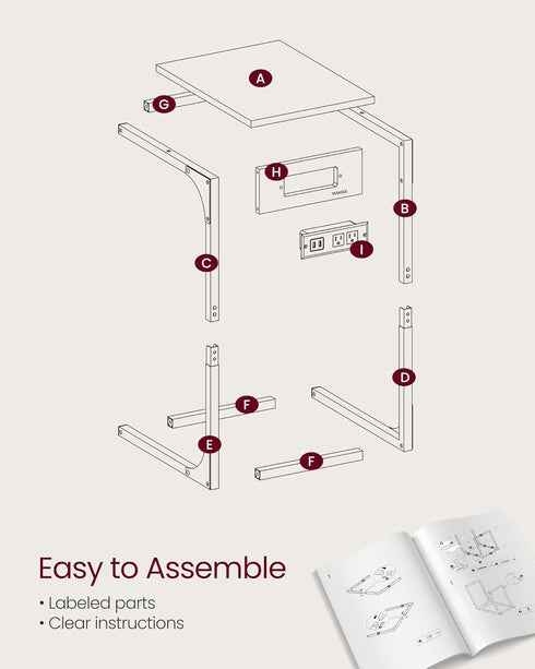 2 ULET362G01 VASAGLE C-Shaped Side Table, End Table with Charging Station, C Table for Couch, Sofa, Adjustable Feet