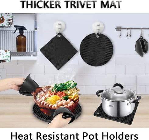 Silicone Pot Mat Trivet, Heat Resistant Counter Mats for Tables, 4 Pack Black (2 Squared + 2 Round)