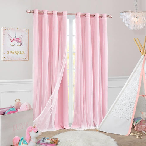 2 52x84 Inches Pink Blackout Curtains with Sheer Overlay, Panels, Thermal Insulated & Soundproof, Lace Trim