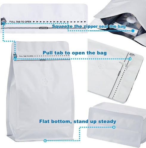 50 Count 8 Ounce Matt White Aluminum Foil Coffee Bags, Stand Up/Flat Bottom Side Gusset Coffee Pouches with Air Release