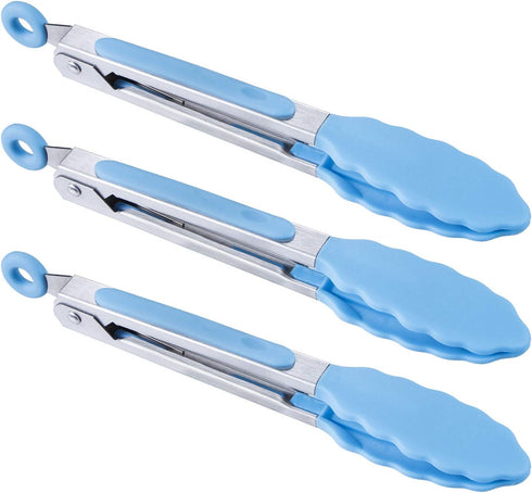 MSY BIGSUNNY Kitchen Food Tongs, 7" Mini Silicone Serving Tongs, Set of 3 (Blue)