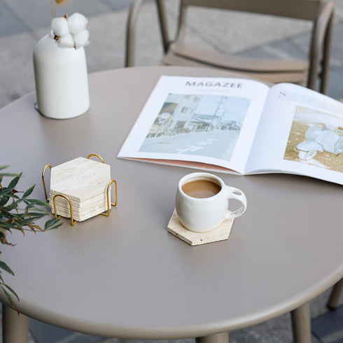 YONGHEE Set 6 Travertine Coasters of with Holder, Hexagonal Rustic Farmhouse Beige Marble Drink Coasters for Coffee