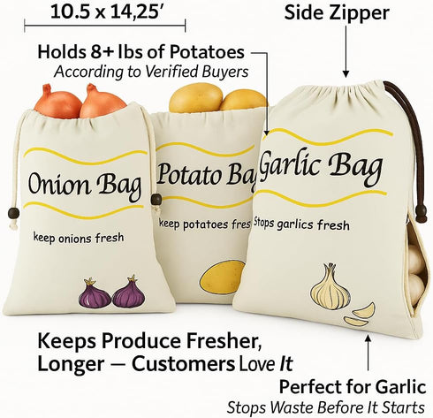 3 Pack Vegetable Storage Bags for Potatoes Onions Garlic, Drawstring with Side Zipper, Reusable Cotton Produce Bags