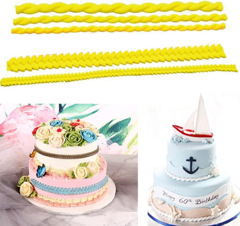 Rope & Leaf Strip Cake Border Molds, Silicone Cupcake Fondant Decorating Tools, Pack of 2