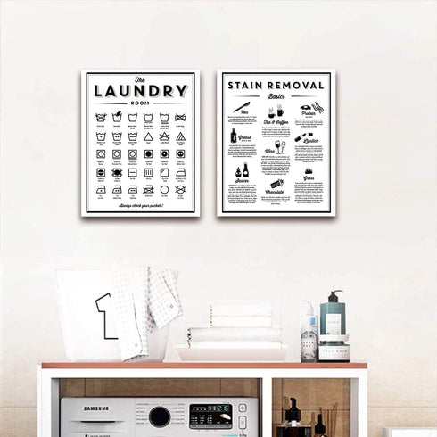 Symbols and Stain Removal Laundry Sign Canvas Art, Black White Painting for Laundry Room Decor 16x20 Inch