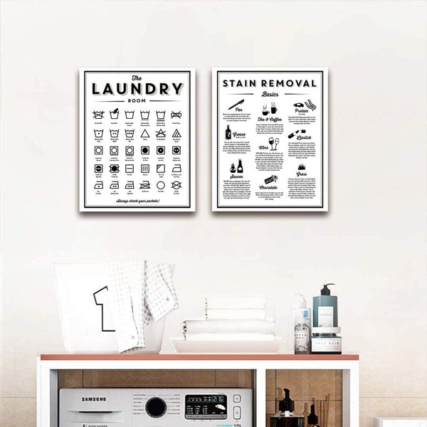 Symbols and Stain Removal Laundry Sign Canvas Art, Black White Painting for Laundry Room Decor 16x20 Inch