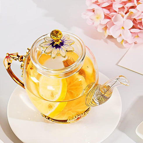Teabloom Teapot Glass Blooming Tea Teapot for Women Blue Rose Floral Glass Teabloom Teapot with Gold for Mom Friend Christmas Birthday Anniversary, 2.44*4.72in (10.15oz/300ml Deep coffee color)