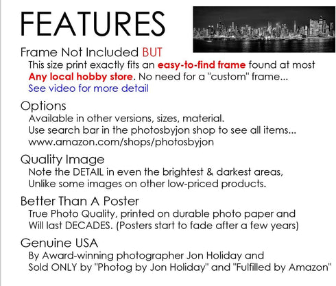 New York City 2022 Manhattan Midtown Skyline Photo Print, Unframed, Night Black & White, 11.75 x 36 inches