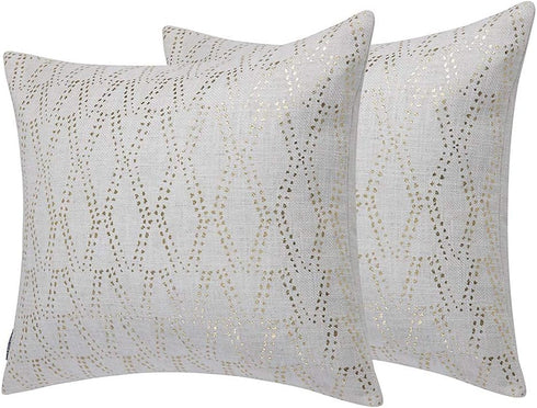 Gold Sofa Throw Pillow Cover 1pc - 20X20inch Ecru White Textural Linen Look Metallic Print Decorative Pillowcase