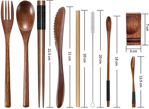 Wooden Utensil Flatware Set Reusable Utensils Travel Cutlery Set for Eating with Case, 10 Pcs Wooden Spoon and Fork Set Bamboo Flatware Set by Wsevinn
