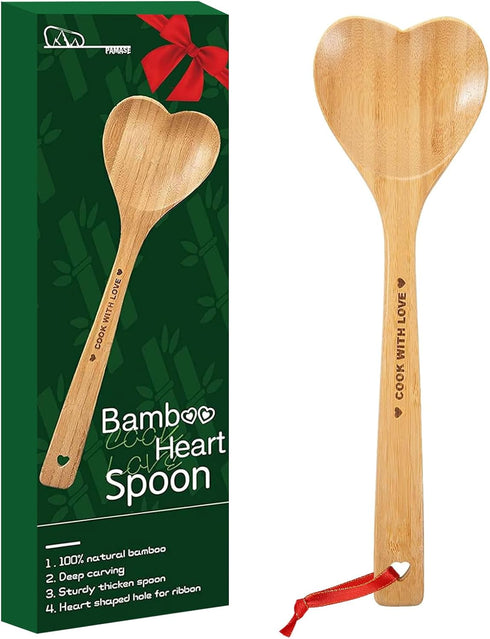 Bamboo Heart Shaped Spoon for Cooking, Wooden Kitchen Utensils, Valentine's Gifts for Mom
