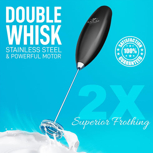 Zulay Kitchen Powerful Double Whisk Milk Frother Handheld - Foam Maker With Stand - Whisk Drink Mixer for Coffee, Mini Foamer for Latte, Matcha, Frappe, Hot Chocolate & Cappuccino (Metallic Black) by Zulay Kitchen