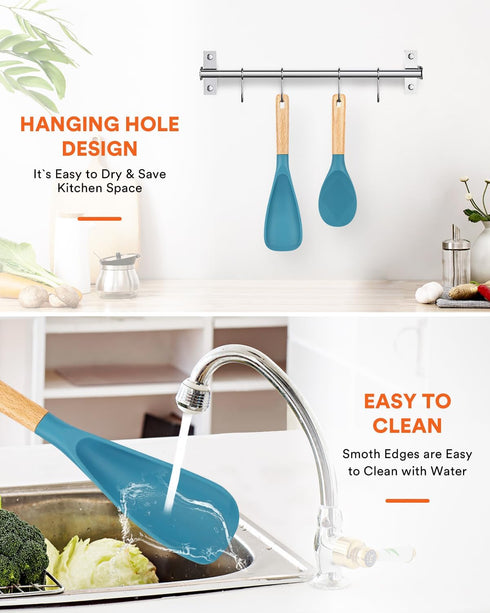 Cooking Spoon and Rice Scooper for Nonstick Cookware, Durable BPA-Free Matte Silicone, Wood Handle for Mixing